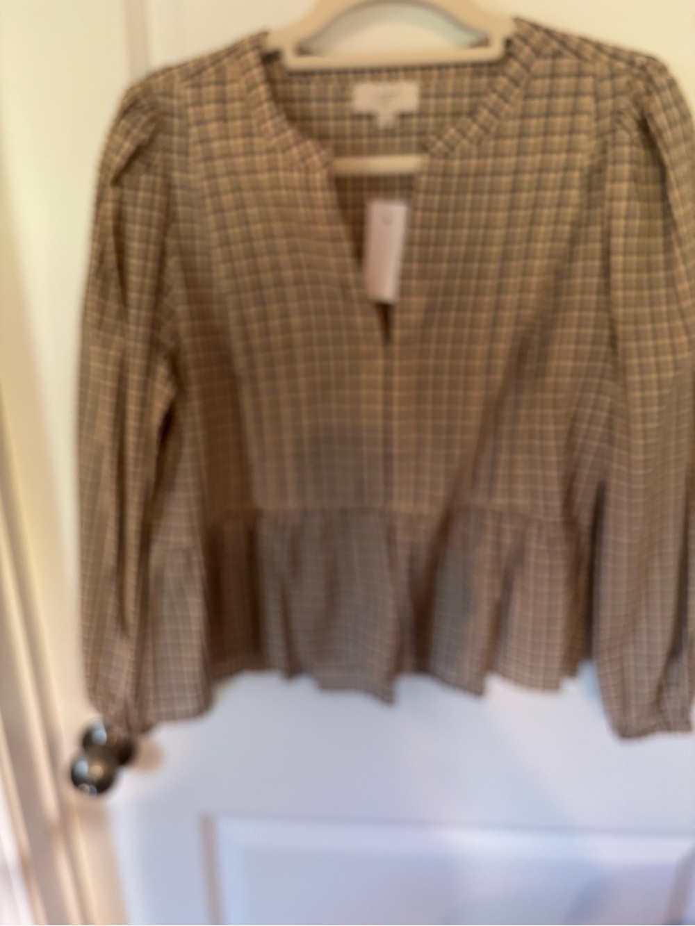 LOFT Beige Cream Plaid Peplum Blouse
